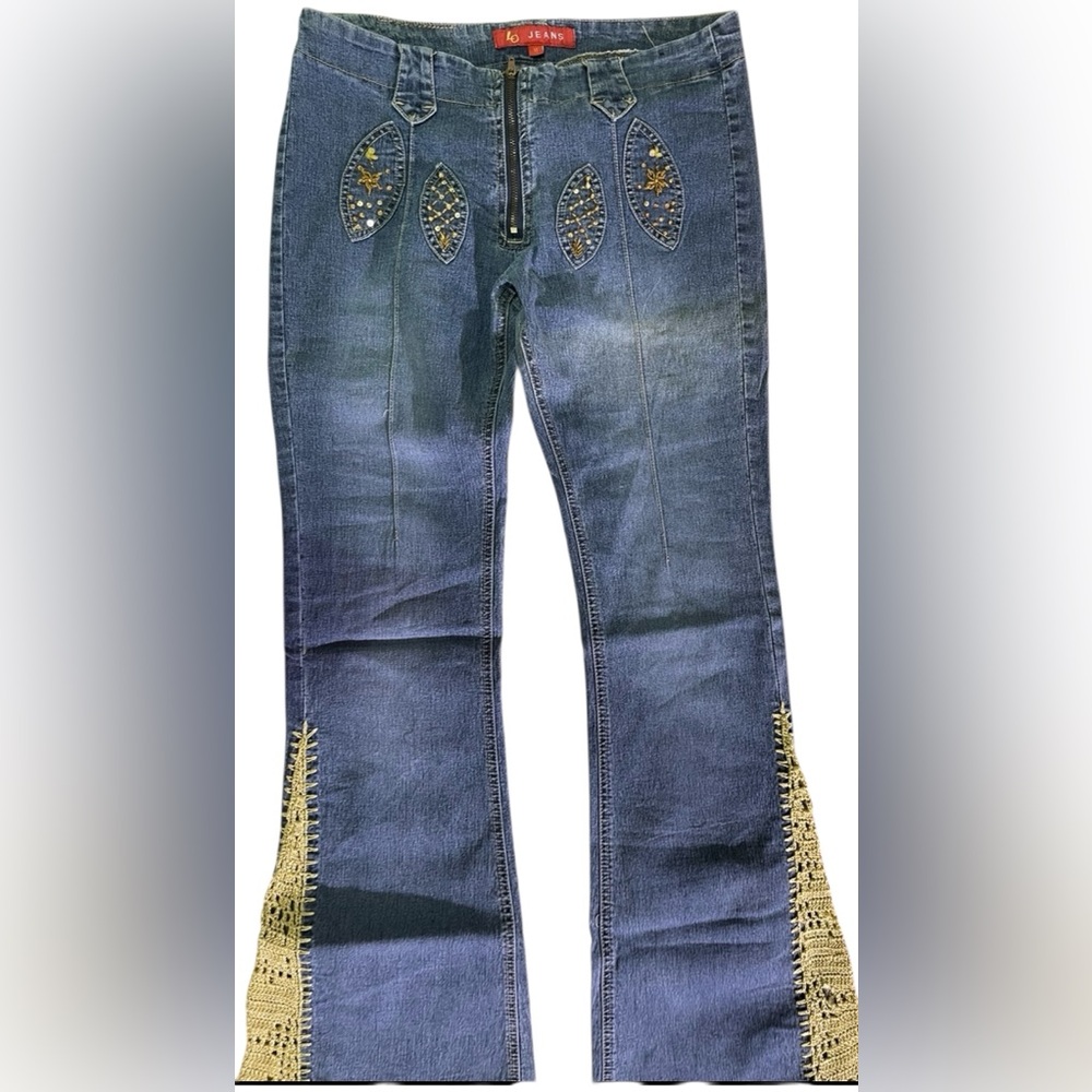 GLO women’s Jeans Blue Flare with Gold Embellished Accents